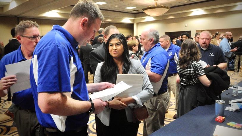 Jobseekers fill the Holiday Inn in Fairborn on Wednesday, March 22, 2023, for the one-day Air Force Life Cycle Management Center hiring event. AFLCMC is based at Wright-Patterson Air Force Base, home to some 35,000 military and civilian employees. MARSHALL GORBY \STAFF