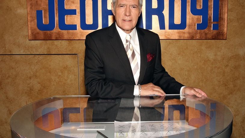 Game show host Alex Trebek poses on the set 'Jeopardy' at Sony Pictures  in Culver City, California.