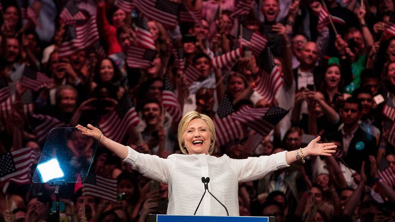 Democratic presidential candidate Hillary Clinton arrives onstage during a primary night rally at the Duggal Greenhouse in the Brooklyn Navy Yard on June 7, 2016, in the Brooklyn borough of New York City.