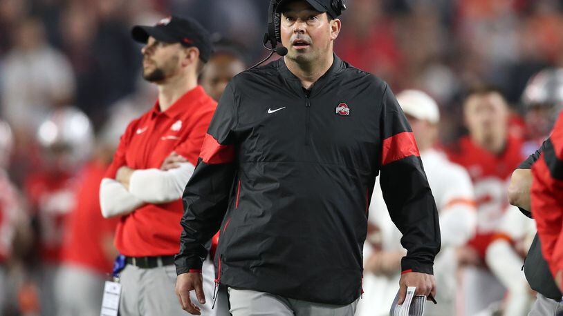 GLENDALE, ARIZONA - DECEMBER 28: Head coach Ryan Day of the Ohio State Buckeyes looks on against the Clemson Tigers in the first half during the College Football Playoff Semifinal at the PlayStation Fiesta Bowl at State Farm Stadium on December 28, 2019 in Glendale, Arizona. (Photo by Christian Petersen/Getty Images)