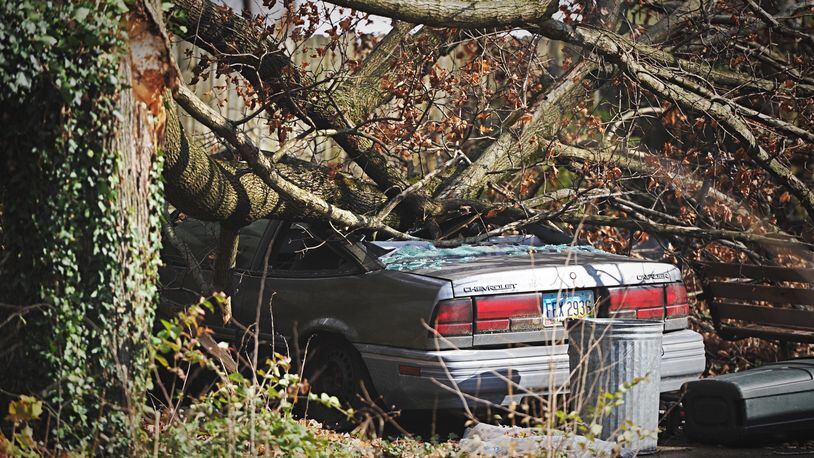 A Large tree branch crushed a car on Dayton Road near Enon Sunday. Due to High winds and severe weather. MARSHALL GORBY\STAFF