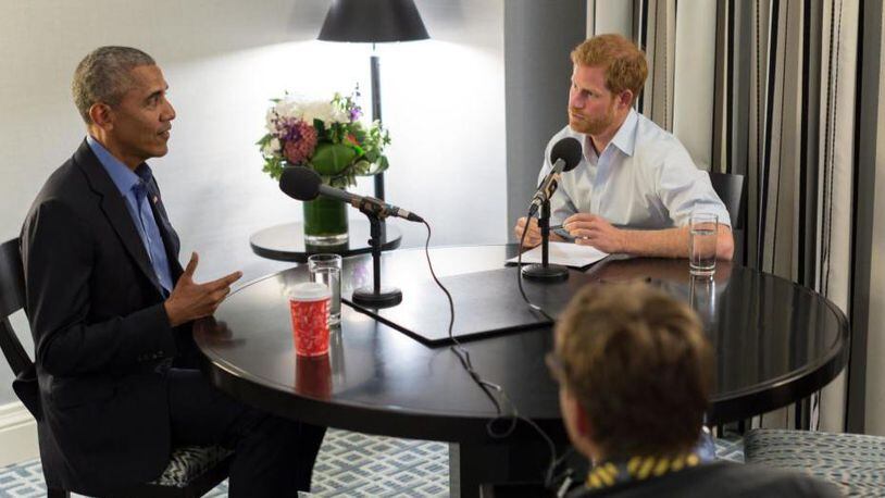 Former President Barack Obama, left, was interviewed by Prince Harry in September.