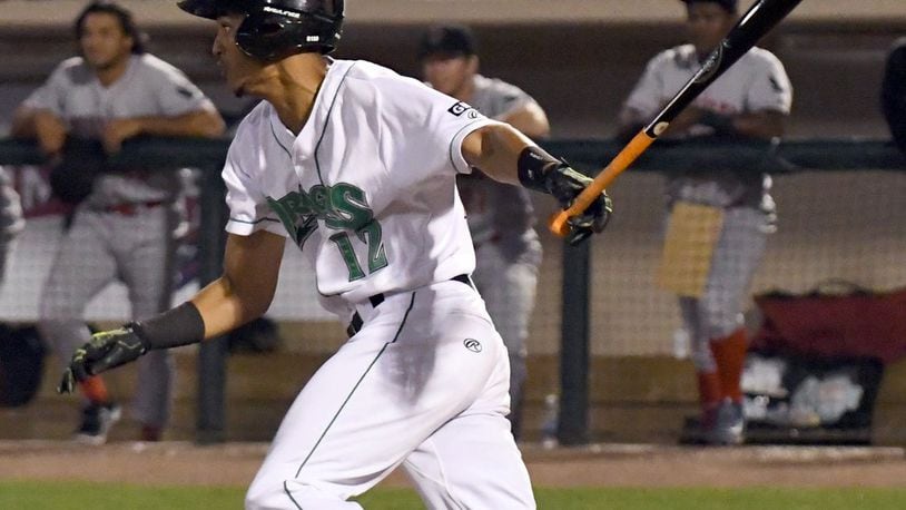Jose Siri hits an infielder grounder that went for a base hit in the eighth inning Wednesday and extended his Midwest League-record hitting streak to 38 consecutive games.