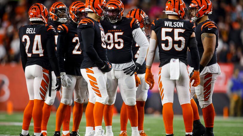 Bengals defense gets ready during Cincinnati's Wild Card playoff game against the Baltimore Ravens Sunday, Jan. 15, 2023 at Paycor Stadium in Cincinnati. The Bengals won 24-17. NICK GRAHAM/STAFF