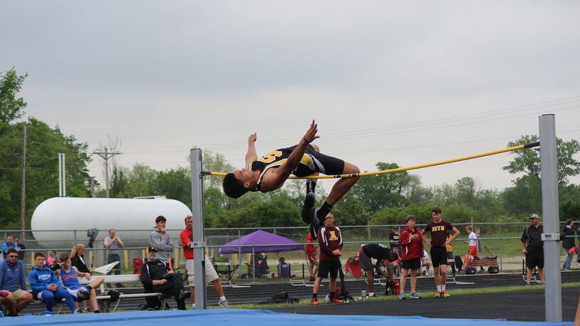 Shawnee’s Robie Glass finished second in the boys high jump at the Division II district meet Saturday at Graham High School. Greg Billing/Contributed