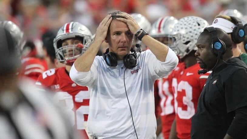 Ohio State’s Urban Meyer reacts to a play during a game against Indiana on Saturday, Oct. 6, 2018, at Ohio Stadium in Columbus. David Jablonski/Staff
