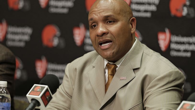 Cleveland Browns head coach Hue Jackson answers questions during a news conference, Wednesday, Jan. 13, 2016, in Berea, Ohio. Jackson has experience as a head coach, knows the AFC North and has fixed quarterbacks. Jackson, who waited four years for his second crack at leading an NFL team, has been hired as Cleveland's next coach, the struggling franchise's eighth since 1999 and sixth since 2008. (AP Photo/Tony Dejak)