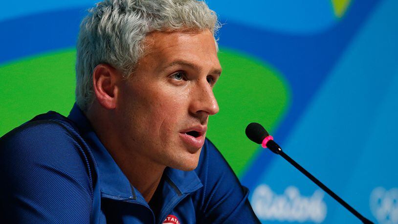Ryan Lochte of the United States attends a press conference in the Main Press Center on Day 7 of the Rio Olympics on Aug. 12, 2016, in Rio de Janeiro.