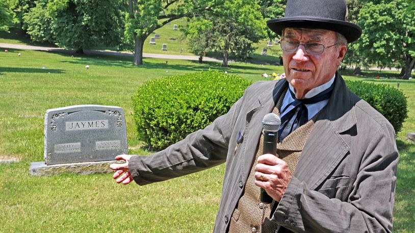 Paul "Ski" Schanher stops by the grave of Sully Jaymes, an influential Black lawyer in the early 1900s, Thursday, June 1, 2023, at Ferncliff Cemetery and Arboretum. Jaymes' grave is one of the stops on the tour Schanher will lead focusing on graves of local African-Americans in the cemetery. BILL LACKEY/STAFF