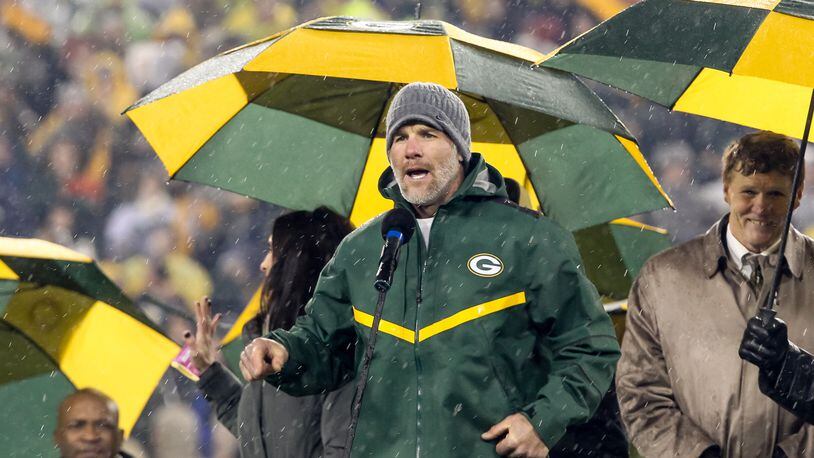 Brett Favre, former Green Bay Packers quarterback, speaks during the retirement ceremony for his #4 jersey at Lambeau Field on November 26, 2015 in Green Bay, Wisconsin. On Saturday, February 6, 2016, officials announced he was chosen as one of the 2016 inductees into the Pro Football Hall of Fame. (Photo by Kena Krutsinger/Getty Images)