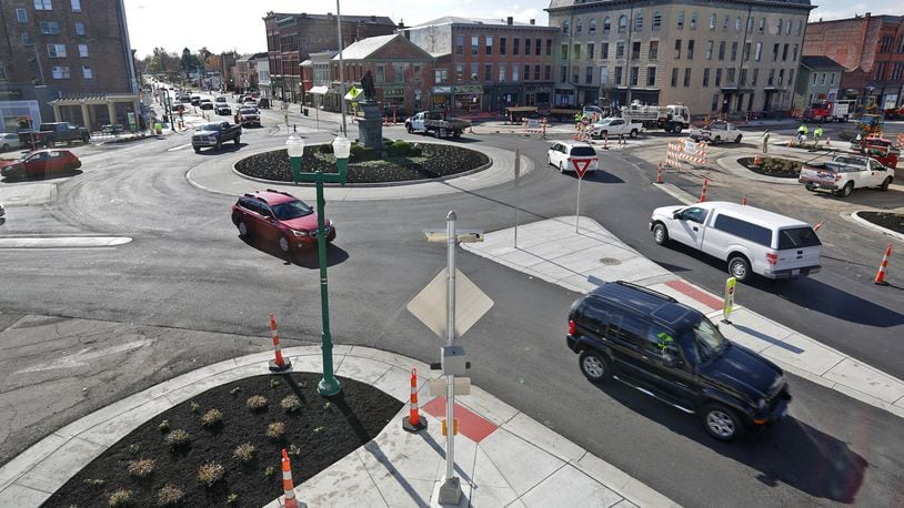 The nearly $2 million dollar project to transform Urbana’s roundabout was finished Friday. BILL LACKEY/STAFF
