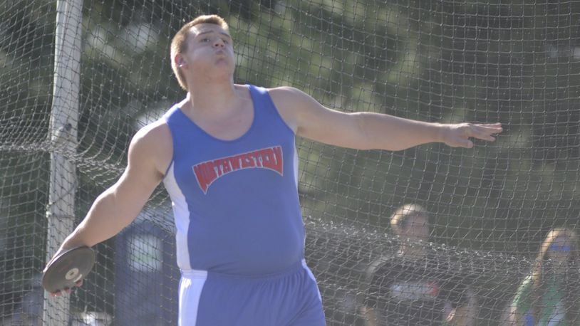 Northwestern junior Adam Riedinger won the discus. The first day of the D-II regional track and field meet was at Piqua on Thu., May 24, 2018. MARC PENDLETON / STAFF