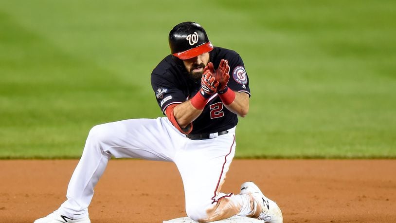 The Nationals’ Adam Eaton celebrates after hitting a double against the St. Louis Cardinals in the first inning of Game Four of the National League Championship Series at Nationals Park on October 15, 2019 in Washington, DC. (Photo by Will Newton/Getty Images)