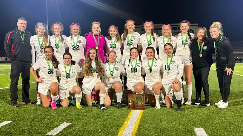 The Greenon High School girls soccer team poses for a photo after its 2-0 D-III district final match victory over Anna on Oct. 29 at Springfield High School. CONTRIBUTED PHOTO BY MICHAEL COOPER