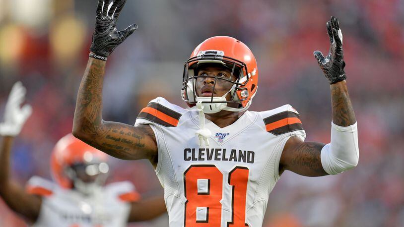 CLEVELAND, OHIO - AUGUST 08: Wide receiver Rashard Higgins #81 of the Cleveland Browns signals touchdown during a review during the first half of a preseason game against the Washington Redskins at FirstEnergy Stadium on August 08, 2019 in Cleveland, Ohio. (Photo by Jason Miller/Getty Images)
