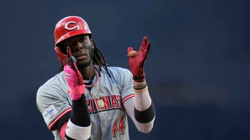 Cincinnati Reds' Elly De La Cruz celebrates after hitting a home run during the first inning of a baseball game against the San Diego Padres, Monday, April 29, 2024, in San Diego. (AP Photo/Gregory Bull)