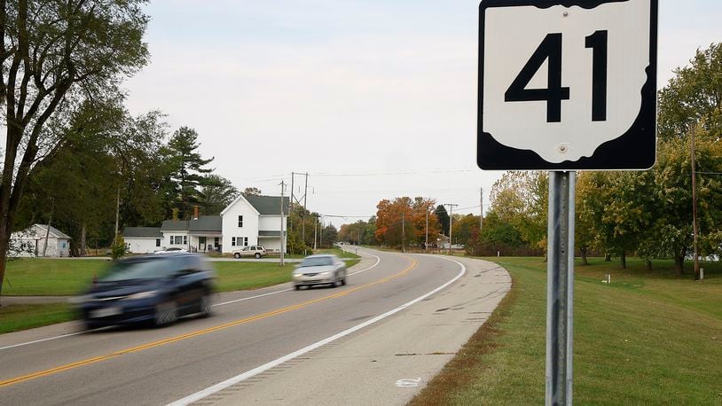 The site of the Aug. 22 fatal bus crash on Ohio Route 41 in German Township Thursday, Oct. 19, 2023. A parent is proposing adding rumble strips to the center line. BILL LACKEY/STAFF