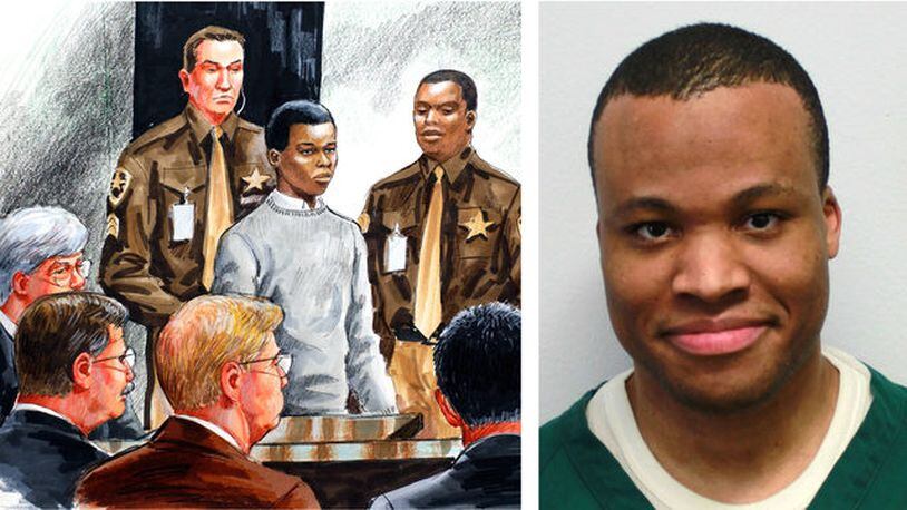 Lee Boyd Malvo, seen at right in a Virginia prison mugshot, is pictured in a courtroom sketch, left, during sentencing in 2004 for the shooting death of FBI analyst Linda Franklin, a victim of Malvo and John Muhammad, known as the Beltway snipers.