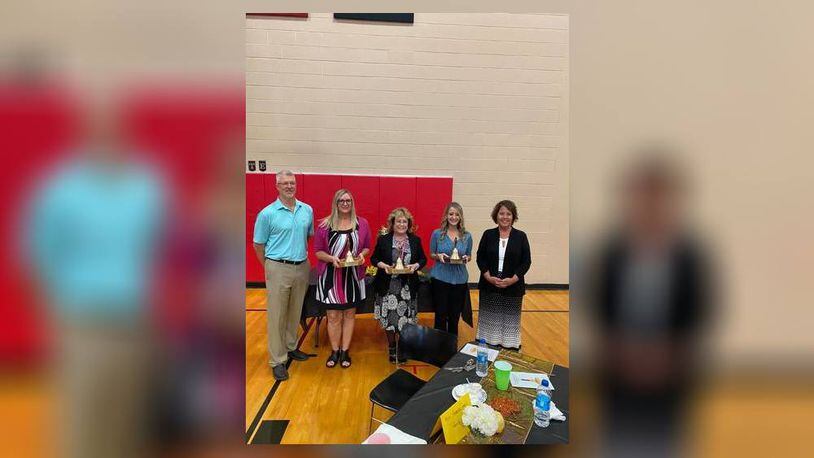 Kelly Braun from Northwestern, and Rhonda Fox and Amanda Crowell from Tecumseh were selected as winners of the New Carlisle Rotary Outstanding Teacher of the Year Award. CONTRIBUTED