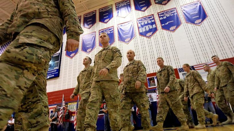 The Piqua community welcomed soldiers in the Ohio National Guard 1487th Transportation Co. back from Afghanistan in 2013. The 1487th’s tours of duty also included Operation Desert Storm in 1990 and Operation Iraqi Freedom in 2004. FILE