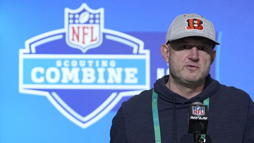 Cincinnati Bengals director of player personnel Duke Tobin speaks during a news conference at the NFL football scouting combine, Tuesday, Feb. 28, 2023, in Indianapolis. (AP Photo/Darron Cummings)