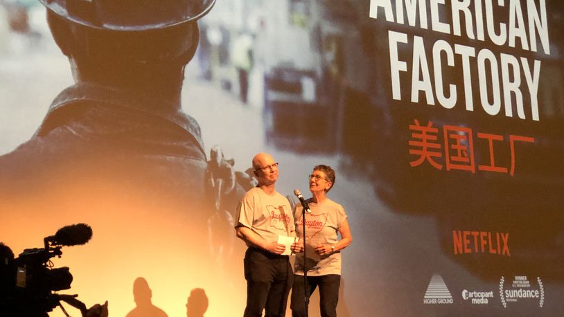 “American Factory”  from Oscar-nominated filmmakers Steve Bognar and Julia Reichert made its theatrical debut Monday, Aug. 19 at the Victoria Theatre in downtown Dayton. The Yellow Springs couple is pictured on stage.
