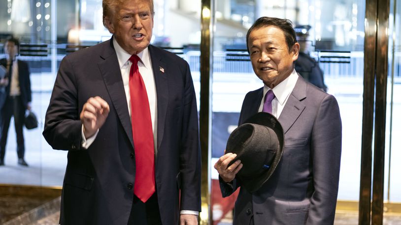 Republican presidential candidate former President Donald Trump meets with former Japanese Prime Minister Taro Aso at Trump Tower in midtown Manhattan in New York, Tuesday, April 23, 2024. (AP Photo/Craig Ruttle)