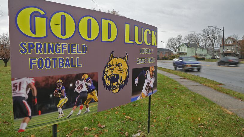 A sign along South Limestone Street wishes the Springfield Wildcats good luck Wednesday. BILL LACKEY/STAFF
