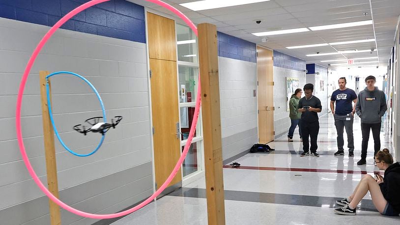 Joaquin Madison practices flying one of the drones in the new program at the Springfield School District's School of Innovation Thursday, April 13, 2023. BILL LACKEY/STAFF