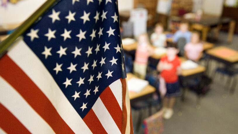 American flag in classroom (stock photo).