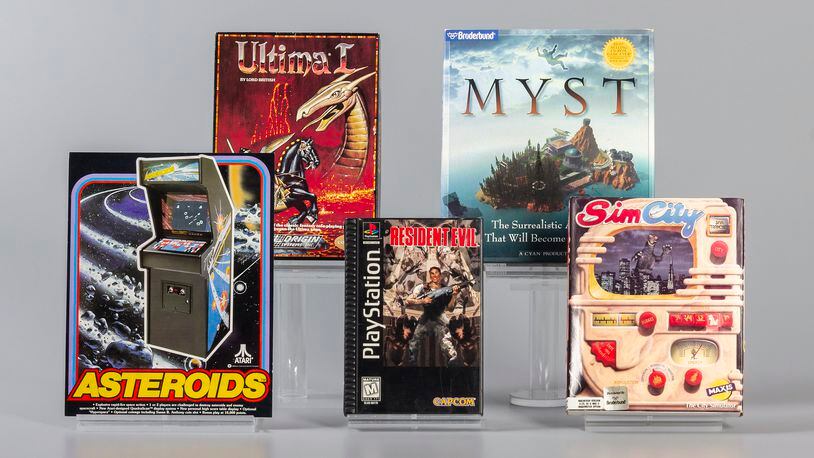 This photo provided by The Strong National Museum of Play in Rochester, N.Y., shows the 2024 inductees into the World Video Game Hall of Fame, located at the museum. Asteroids, Myst, Resident Evil, SimCity and Ultima were inducted, Thursday, May 9, 2024, in recognition of their influence on pop culture and the video game industry. (Evyn Morgan/The Strong National Museum of Play via AP)