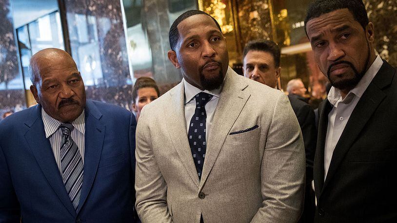 NEW YORK, NY - DECEMBER 13: (L to R) Former professional football player Jim Brown, former professional football player Ray Lewis, and Pastor Darrell Scott speak to reporters at Trump Tower, December 13, 2016 in New York City. President-elect Donald Trump and his transition team are in the process of filling cabinet and other high level positions for the new administration. (Photo by Drew Angerer/Getty Images)