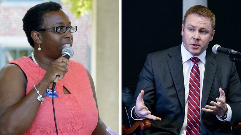 Vanessa Enoch, a Democrat from West Chester Twp., and Congressman Warren Davidson, R-Troy, debated this past Thursday evening. FILE PHOTOS