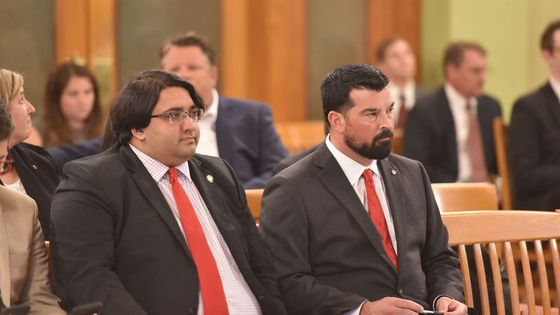 Senator Niraj Antani (R-Miamisburg) and Ohio State football coach Ryan Day (right). Day testified Tuesday in support of the name, image and likeness bill introduced by Antani. That bill was passed by the Senate on Wednesday. CONTRIBUTED
