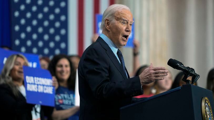 President Joe Biden delivers remarks on proposed spending on child care and other investments in the "care economy" during a rally at Union Station, Tuesday, April 9, 2024, in Washington. (AP Photo/Evan Vucci)