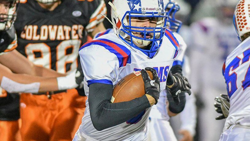 Greeneview’s Nick Clevenger (shown here vs. Coldwater in 2016 playoff game) rushed for 208 yards and three touchdowns in last week’s 31-28 win over Cincinnati Madeira. FILE PHOTO