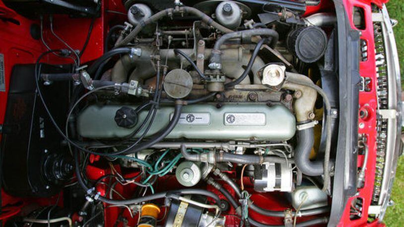 Looking straight down on the six cylinder, 2912 cc engine in the MGC. It's a tight fit under the hood, in an area designed for a four cylinder engine.