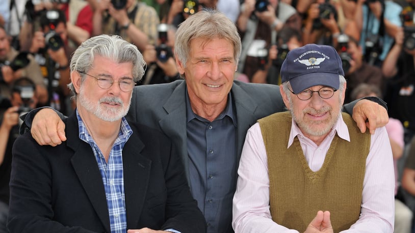 CANNES, FRANCE - MAY 18:  (L-R)  Director/producer George Lucas, actor Harrison Ford and Director Steven Spielberg pose at the Indiana Jones and The Kingdom of The Crystal Skull - photocall at the Palais des Festivals during the 61st International Cannes Film Festival on May 18 , 2008 in Cannes, France.  (Photo by Pascal Le Segretain/Getty Images)
