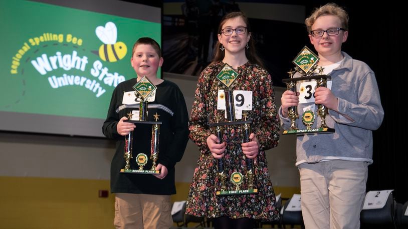 The winners of the 2024 Wright State Regional Spelling Bee included, from left: second place, William Landon, 12, of Cedarville; first place, Aurora Spisak, 13, of Centerville; and third place, Matthew Comer, 11, who attends Ridgewood School in Springfield. Courtesy of Wright State University.