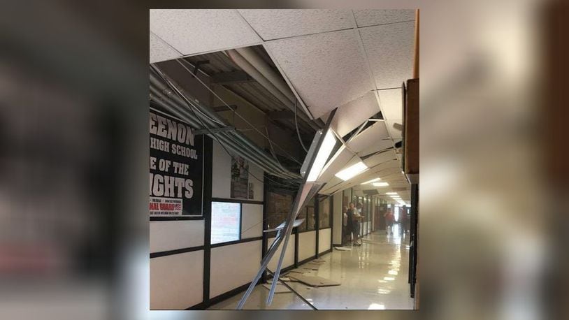 Pictured is ceiling tiles that fell down at Greenon High School Wednesday.