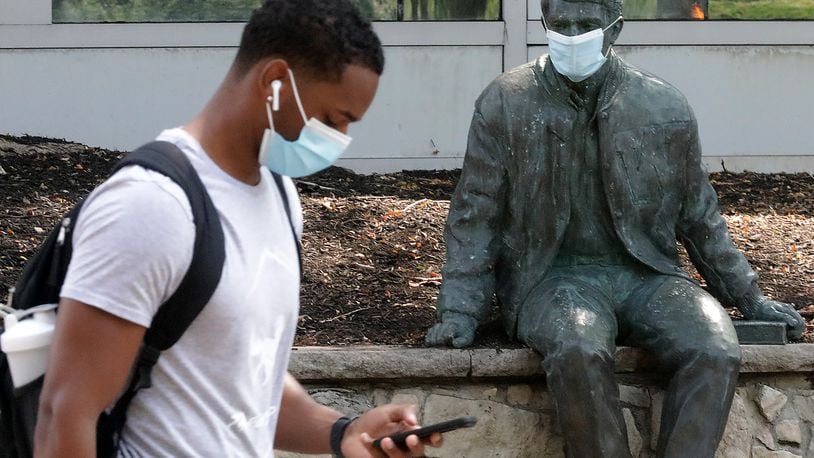 Everyone at Wittenberg University was wearing masks on Aug. 25 from Wittenberg senior Kris Thompson to Wally Witt, the statue outside of the Benham-Pence Student Center. BILL LACKEY/STAFF