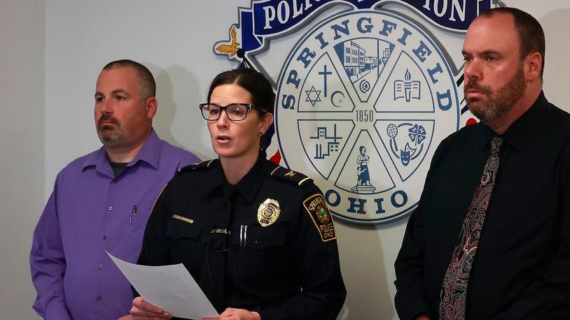 Springfield Police Chief Allison Elliott along with Lt. Jeff Williams, left, and Sgt. James Byron answer questions during a press conference Friday, Jan. 6, 2023. BILL LACKEY/STAFF
