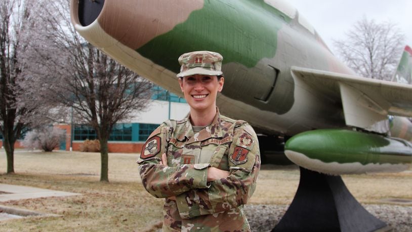 Cpt., Courtney Slater is a fulltime member of the Ohio Air National Guard and serves as the public affairs officer for the 178th wing unit in Springfield. Her husband Danny's unit is stationed out of Rickenbacker in Columbus and he has recently been put on alert. Hasan Karim/Staff