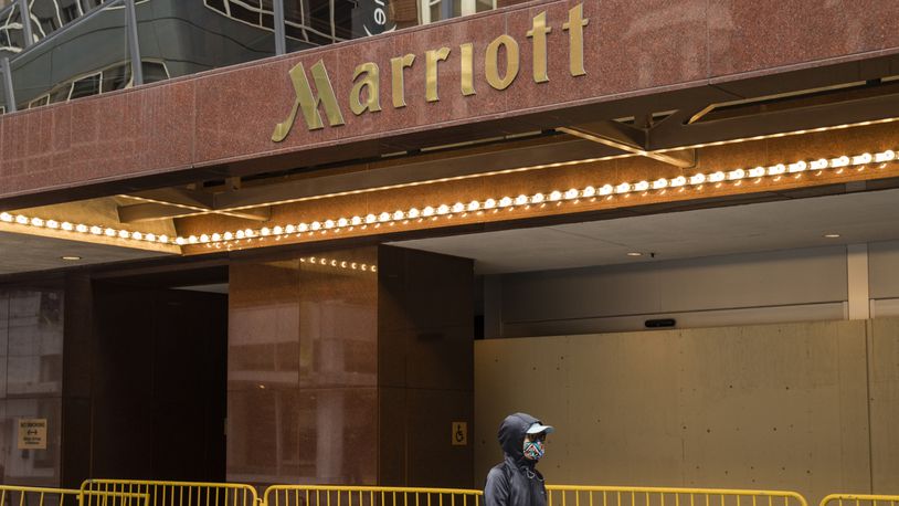 The San Francisco Marriot Union Square in San Francisco, April 11, 2020. While business travel evaporated in a flash when the coronavirus hit, it may take two to three years for it to fully recover, far longer than many travel experts initially predicted. (Cayce Clifford/The New York Times)