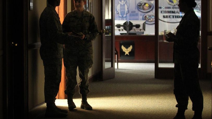 Due to sequestration, Wright-Patterson Air Force Base Building 10, the 88th Air Base Wing Headquarters, turned off hallway lighting in 2013 to save money on electricity and air conditioning. JIM WITMER / STAFF FILE PHOTO