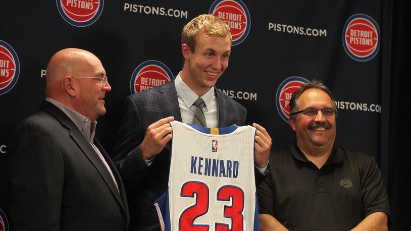 Luke Kennard poses with Pistons General Manager Jeff Bower, left, and head coach Stan Van Gundy at a press conference at the Palace of Auburn Hills on Friday, June 23, 2017, in Auburn Hills, Mich. DAVID JABLONSKI/STAFF