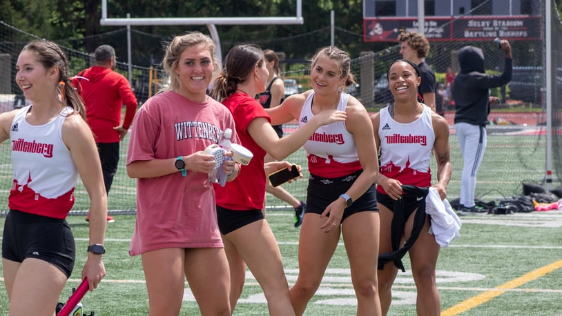 Members of the Wittenberg women's track celebrate at the NCAC championship at Ohio Wesleyan in Delaware in May 2023. Photo courtesy of Wittenberg
