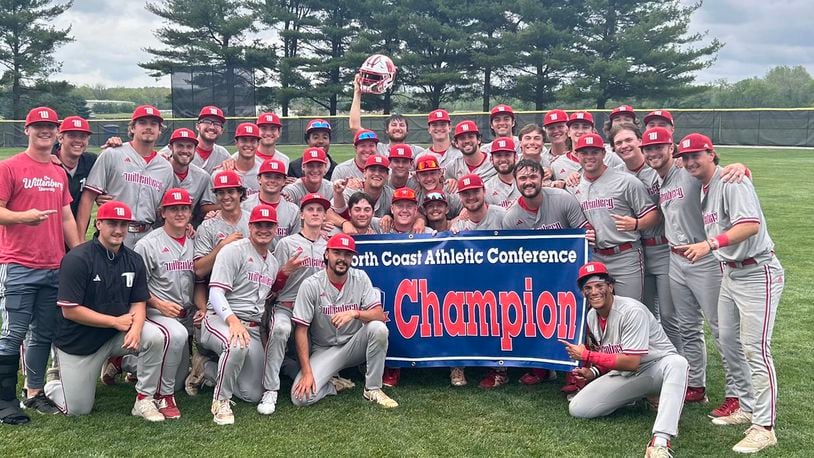 The Wittenberg baseball team poses for a photo after claiming a share of the North Coast Athletic Conference regular-season championship on Saturday, May 4, 2024, at Kenyon. Wittenberg photo