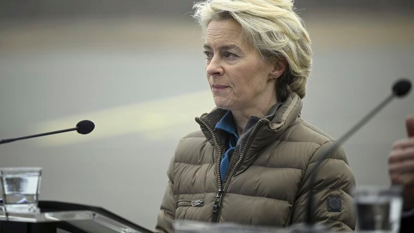 President of the European Commission Ursula von der Leyen looks on during her joint press conference with Finnish Prime Minister Petter Orpo at the Lappeenranta airport, eastern Finland, Friday April 19, 2024. President von der Leyen and Prime Minister Orpo visited the eastern border region of Finland on Friday and discussed what Finland and the EU can do to prevent instrumentalised migration to Finland's eastern border. (Antti Aimo-Koivisto/Lehtikuva via AP)