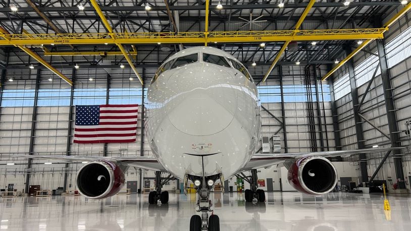 This is an airplane inside Sierra Nevada Corp.'s  hangar at the company's Aviation Innovation and Technology Center located at the Dayton International Airport.